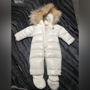 Moncler Ivory Puffer Snowsuit with Fur Hood